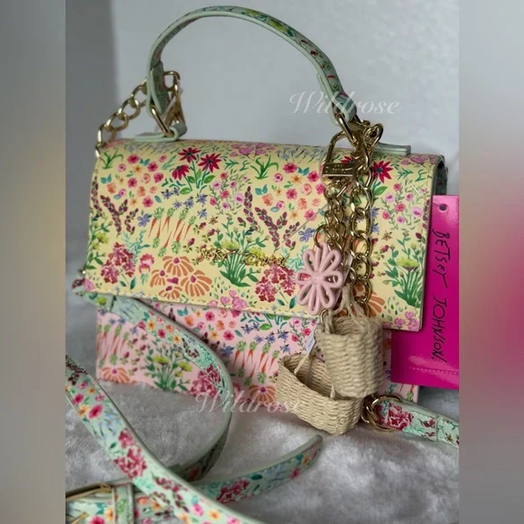 Betsey Johnson Easter Spring Floral Blossom Hearts Charm Satchel Crossbody Bag - Picture 2 of 10